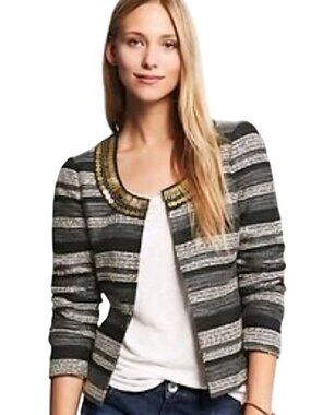 Banana Republic Heritage Striped Tweed Gold Beaded Lady Jacket Pockets Size 6
